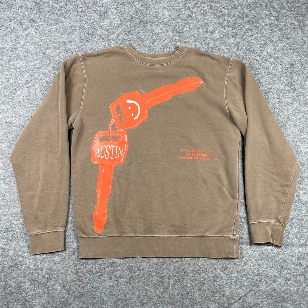 Post Malone Sweatshirt Mens M Brown Austin 2023 Tour Key Crewneck Pullover